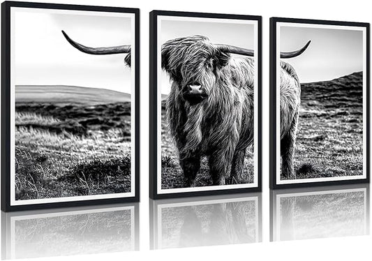 Vintage Scottish Cow Canvas Wall Art Rustic Art Highland Cow Poster Wall Decor Black and White Farm Animal Cow Artwork for Apartment Living Room Bedroom Country Decoration 24x36inchx3pcs