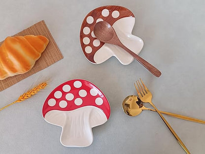 Ceramic Spoon Rest for Stove Top & Kitchen Counter Spoon Holder for Stove & Cooking Spoon Holder for Ladle Cute Spoon & Utensil Rest Tong Spatula Rest, Mushroom Kitchen Decor & Accessories (Red)