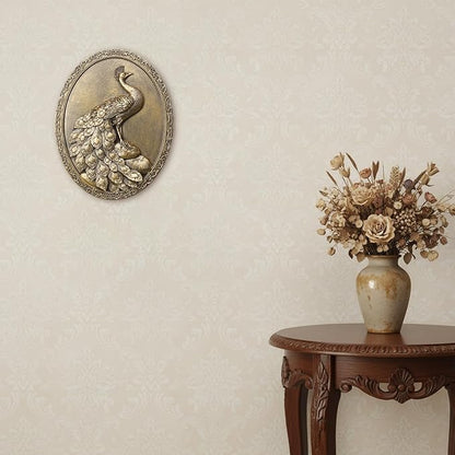 Newinhome Vintage Peacock Wall Sculpture Antique Wall Decor, Hand Painted Wall Decoration with Embossed Peacock Design, Gold Decor for Bedroom Living Room Hallway, Housewarming Gift