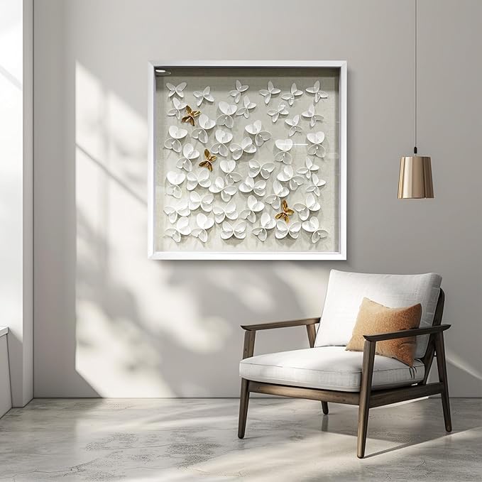 BrightA 3D Textured wall decorations, leather and metal-tinged golden and white metal butterfly wall sculptures, large artworks, gradient colors, modern artworks, suitable for decoration in living rooms and bedrooms (23.6"x23.6", White wooden frame)