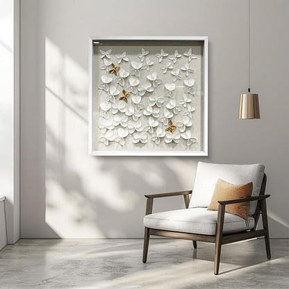 BrightA 3D Textured wall decorations, leather and metal-tinged golden and white metal butterfly wall sculptures, large artworks, gradient colors, modern artworks, suitable for decoration in living rooms and bedrooms (23.6"x23.6", White wooden frame)