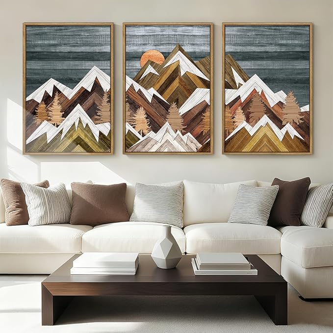 BINCUE Rustic Mountain Canvas Wall Picture Framed Mountain Wall Art Nature Landscape Artwork Boho Mountain Wall Decor Farmhouse Painting for Office Living Room Bedroom 16x24 Inches Set of 3
