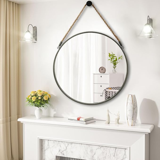 POZINO Round Rope Mirror, 30 Inch Large Circle Farmhouse Mirror, Hanging Mirror for Bathroom Bedroom Living Room Bathroom Entryway Fireplace, Grey