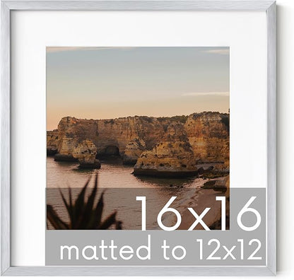 HAUS AND HUES 16x16 Silver Metal Picture Frame Matted to 12x12 - Premium Aluminum with Hanging Hardware, Shatterproof Plexiglass - Ideal for Home or Office (16x16 in, Silver, Set of 1)
