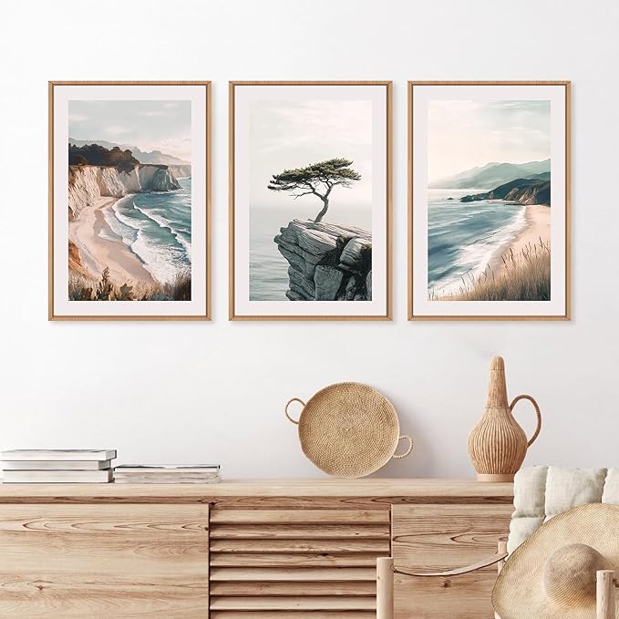 Amalfi Coastal Beach Framed Canvas Wall Art Set, Summer Ocean Wall Decor, Southwestern Beach Wall Painting, Ocean Seascape Art Prints for Living Room, Bedroom, Dining Room-16"x24"x3
