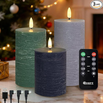 LEDHOLYT Rechargeable Flameless LED Pillar Candles–Luminous Real Wax Indoor Home Decor–Set of 3, Realistic Flickering LED Flame,Remote & Timer, USB-Rechargeable（Verdant & Ash Tones）