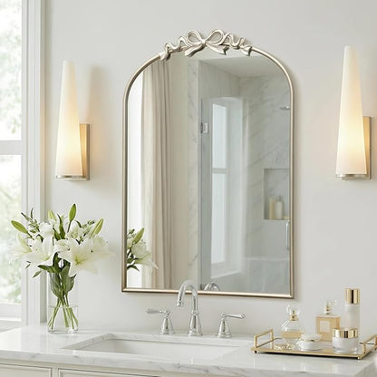 Besdomus Vintage Arched Wall Mirror: 24"x36" Large Champagne Silver Antique Bow Wall Mounted Mirror - Baroque Traditional Ornate for Entryway/Fireplace/Bathroom/Hallway - Wall Decor for Housewife