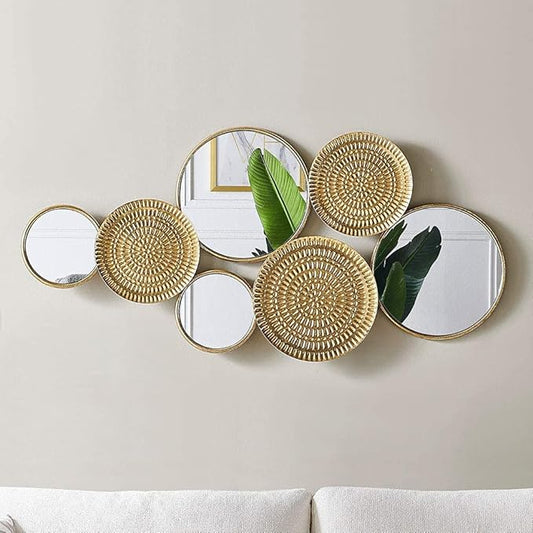 Oakrain Home Decor Metal Wall Decor with Multi Circle Plates Mirror, Large Modern Wall Art Sculpture Decor for Living Room, Office, Bedroom, 43.3 X 1.9 X 20.9 Inches, Gold
