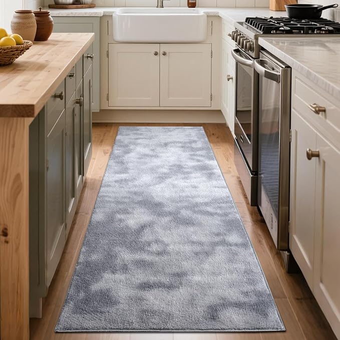 FinRèc 2x8 Washable Runner Rugs for Kitchen Hallway Bedroom, Low Pile Thin Ultra Soft Shag Rug, Non-Slip Carpet Indoor for Home Decor (Tie-dye Grey)