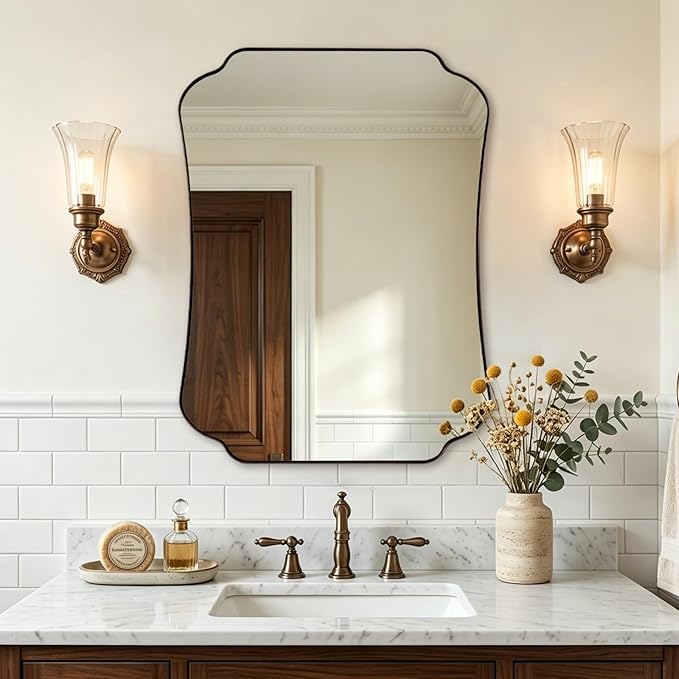 ANDY STAR Bronze Bathroom Mirror 24x32 Inches, Small Ornate Scalloped Wall Mirror with Distinctive Notched Edge Stainless Steel Frame for Hallway, Lounge and Vanity Area