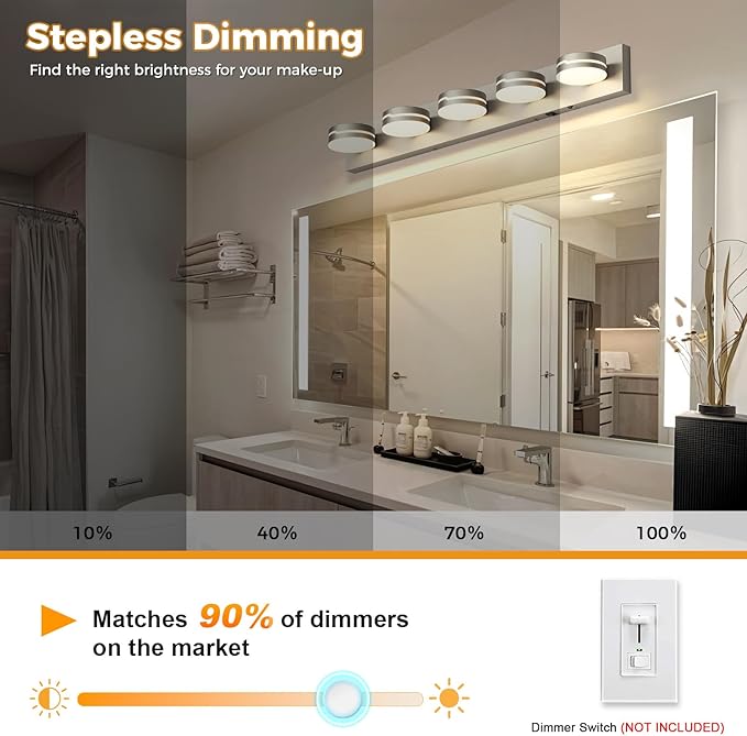 Vanity Lights for Bathroom, Motion Sensor 3 CCT Dimmable Brushed Nickel Bathroom Light Fixtures Over Mirror, 32.28in 30W 5-Light LED Modern Wall Sconce Makeup Lighting, 350° Rotatable, Hardwired