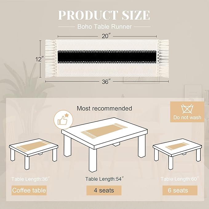 FEXIA Boho Table Runner for Summer Home Decor with Tassels 36 Inches Long Farmhouse Rustic Black Gothic Table Runner Macrame Gothic Burlap Table Decoration for Kitchen Living Room (12x36 Inches)