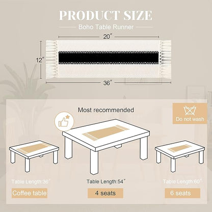 FEXIA Boho Table Runner for Summer Home Decor with Tassels 36 Inches Long Farmhouse Rustic Black Gothic Table Runner Macrame Gothic Burlap Table Decoration for Kitchen Living Room (12x36 Inches)