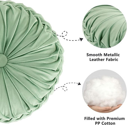 HIG Set of 2 Decorative Round Pleated Throw Pillows, Classy Accent Pumpkin Throw Pillows with Center Button, Vintage Velvet Floor Pillows for Sofa Vanity Chair Bed, Sage, 14.5" Diameter(Ripple)