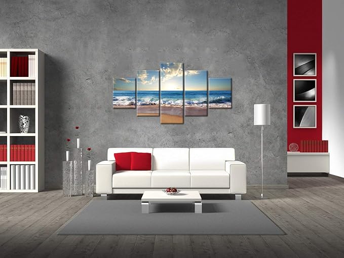 Yatsen Bridge Modern Landscape Painting on Canvas 5 Piece, Beach Ocean Pictures Wall Art for Living Room Home Decor Wooden Framed Stretched Ready to Hang (60" W x 32" H)