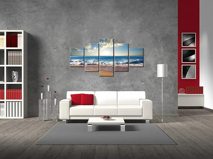 Yatsen Bridge Modern Landscape Painting on Canvas 5 Piece, Beach Ocean Pictures Wall Art for Living Room Home Decor Wooden Framed Stretched Ready to Hang (60" W x 32" H)