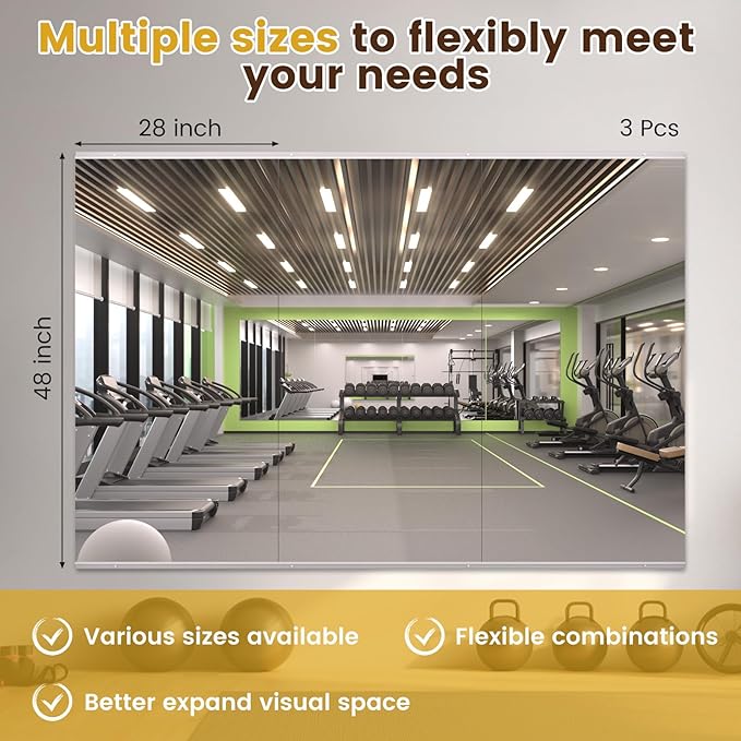 LOAAO Gym Mirror, 48"x28"-3 PCS Mirror for Gym, Flexible Combination, Tempered Glass, Gym Wall Mirror for Home Gym, Dance Studio, Yoga Room, Garage Gym, Workout Room