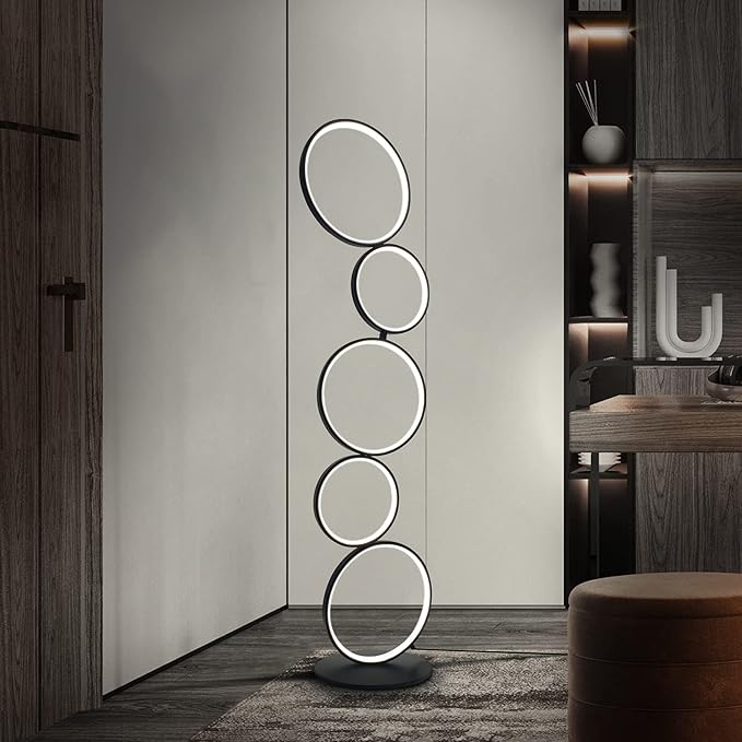 COSYLUX LED Modern Floor Lamp for Bedroom, 3 Way Bright Dimmable Corner Floor lamp with 5-Ring 2-in-1 Standing Tall End Table Lamp for Living Room & Office Reading Light, 3260LM, 6000K, Black.