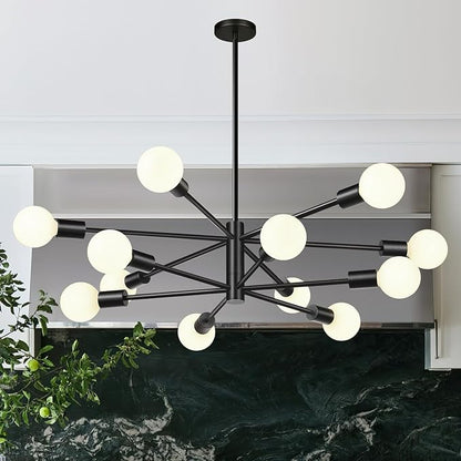 10.9"-52.3" Height Adjustable Modern Chandelier Ceiling Light Fixture, 12-Light Sputnik Chandeliers Matte Black Mid Century Chandelier Over Table, Chandeliers for Dining Room (Bulbs Not Included)