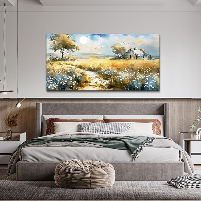 KELIYUAN Vintage Wildflower Field Landscape Painting Wall Art For Dining Room Kitchen Art Print Country Field Mural Wall Decoration For Farmhouse And Living Room Bedroom Home Decoration 20x40 In