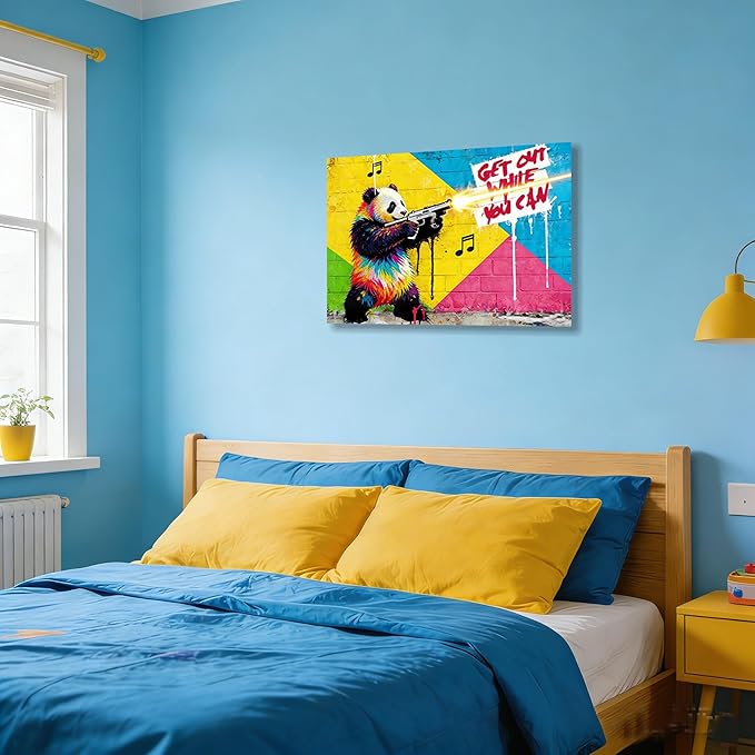 16x24 Inch Colorful Graffiti Panda with Gun Canvas Wall Art Painting- "Get Out While You Can" Street Art Print, Modern Pop Art Wall Decor Poster for Kids/Teen Boy/Child Bedroom Bathroom Living Room
