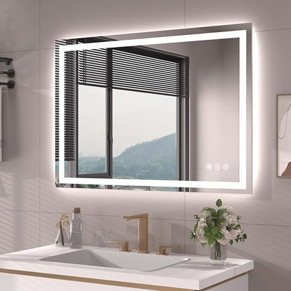 Snowdool 40"X28" LED Bathroom Mirror with Front Lights and Backlit, Anti-Fog, Dimmable, Shatter-Proof Tempered Glass, Lighted Bathroom Vanity Mirror for Wall with 3 Colors, Memory Function