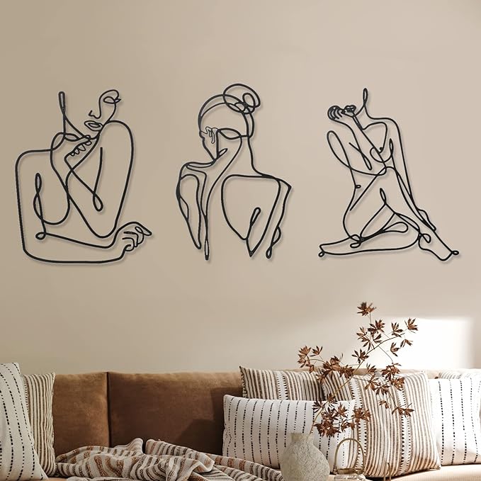 Photect 3 Pcs Metal Wall Art Decor Minimalist Abstract Woman Wall Art Metal Modern Line Drawing Decor Female Single Line Home Hanging for Bedroom Bathroom Living Room Housewarming(Modern,Black)