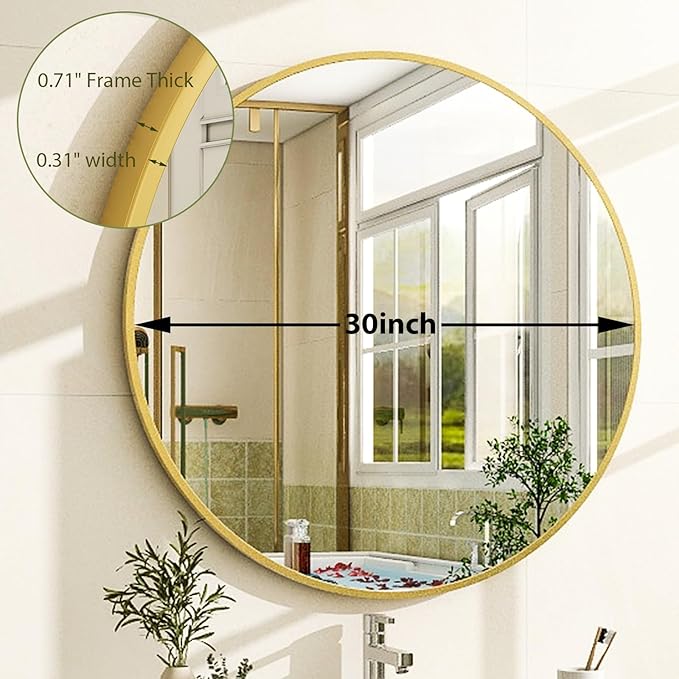 30 Inch Round Bathroom Mirror - Gold Wall Mounted Circle Mirror with Metal Frame, Modern Round Hanging Mirror Suitable for Bathroom, Vanity, Entryway, Living Room