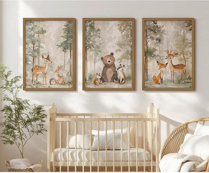 Woodland Nursery Wall Art Decor Animal Forest Canvas Prints Baby Boy Room Wall Decor Bear Nursery Nature Pictures Deer Prints Artwork for Boy Girl Kids Bedroom 12x16 Inch Wood Framed Set of 3