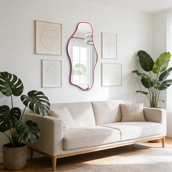 Irregular Tempered Glass Mirror, 35.8"x17.7" Red Asymmetrical Wall Mirror, Modern Abstract Frameless Mirrors for Living Room Bathroom Bedroom Entryway, Horizontal or Vertical Hanging