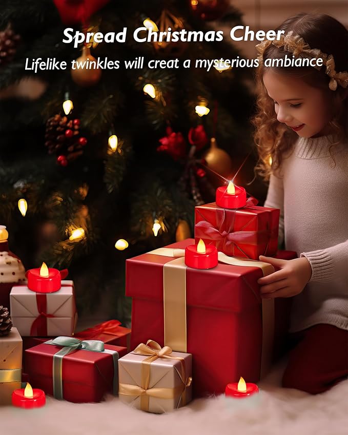 merrynights Flameless Candles, 12 Pack Tea Lights Candle Battery Operated, Flameless Tealight Votives, Realistic Tea Lights for Halloween Christmas Party Decor -D 1.5” x H 1.25”-Red Light
