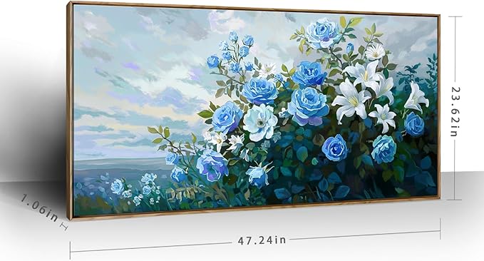 Framed Floral Wall Art for Bedroom Living Room – Blue and White Flowers Canvas Painting with Rustic Wood Frame – Botanical Artwork for Farmhouse & Cottage Décor 48x24 Inch