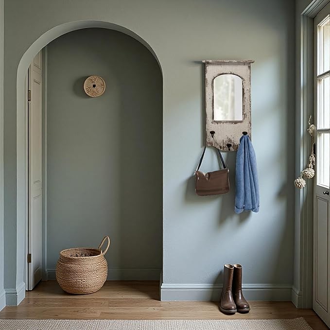 Rustic Entryway Arched Wall Mirrors with 3 Metal Hooks 12" x 22", Hanging Distressed White Wood Frame Farmhouse Bathroom Mirrors for Vanity, Ornate Mirror Wall Decor Living Room