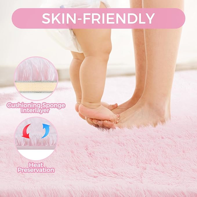 Ultra Soft Rug for Living Room, 8X10 Fluffy Shag Area Rug for Bedroom, Modern Shaggy Carpets Fuzzy Rug for Teens Dorm Nursery Home Decor Aesthetic, Upgrade Anti-Skid Durable, Pink