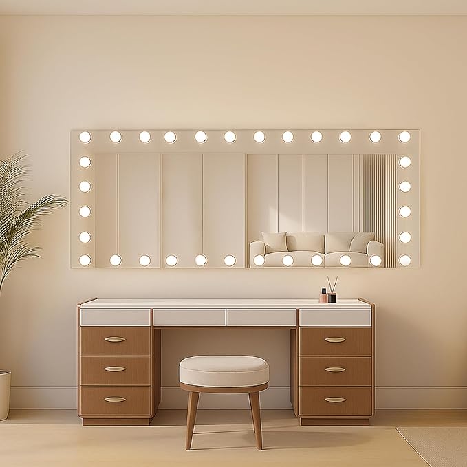 WTTY 72"x32" Hollywood Vanity Mirror with Lights, Wall-Mounted Makeup Mirror with 3 Color Temperatures, Stepless Dimmable Bulbs, Anti-Fog & Shatter-Proof
