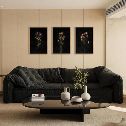 KAIRNE Dark Moody flower Framed Canvas Wall Art Set, Minimalist Black Wildflower Wall Decor, Vintage Botanical Floral Wall Painting, Nature Plant Art Prints for Living Room,Bedroom,Office-24 x36 x3