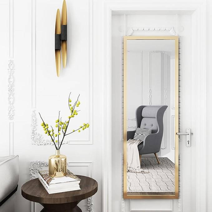whitebeach Hanging Door Mirror,Full Body Mirror Wall Full Length 44”x16” Gold Wall Mounted Over The Door Bedroom
