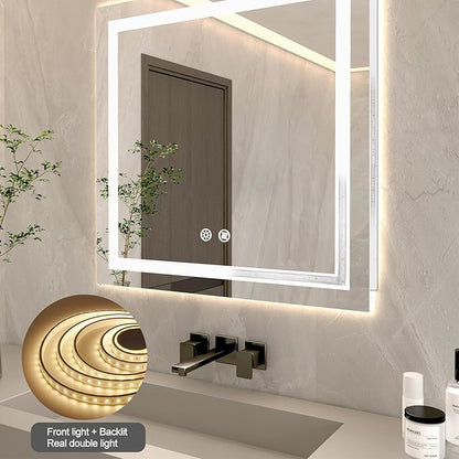 36 X 36 Inch Square LED Bathroom Vanity Mirror, 3 Colors Light Dimmable, Wall Mounted Memory Lighted Makeup Mirror with Anti-Fog Touch Switch (Front-lit&Backlit)
