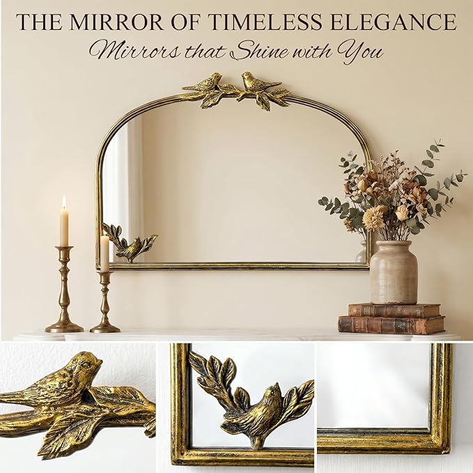 Antique Baroque Vintage Vanity Mirror 15x22Inch, Gold with Ornate Antique Frame, Arched Vintage Wall Mirror for Living Room, Fireplace, Entryway (Golden (Arched 3), 15" L x 22" W)