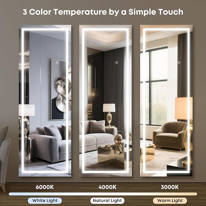 Kosmonia 65x22 Frameless Full Length Mirror, Dimmable 3 Color LED Light w/Memory Function, Distortion Free, HD Reflection & Anti Desilvering, Tempered Glass, Easy Setup w/Stand, Wall/Standing