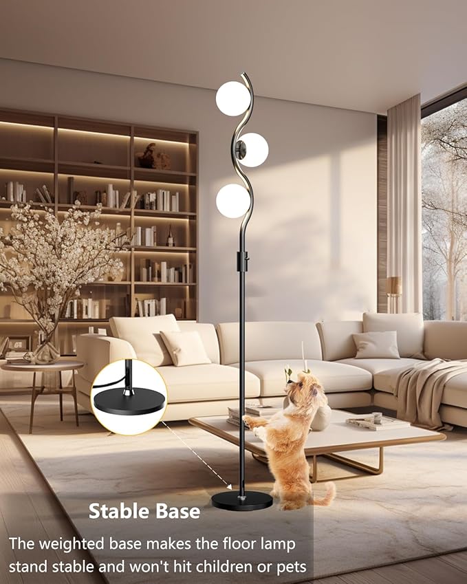 Lightdot 60IN Dimmable Black Floor Lamp Mid Century Standing Lamps with 3Pcs Warm White Bulbs Included Brightness Adjustable Modern Tall Lamp with 5Lbs Heavy Base for Bedroom/Sofa Beside/Corner Decor