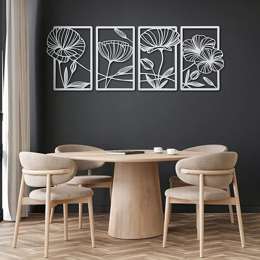 4 Pcs Metal Wall Art 16.5 x 11.8'' Line Art Wall Decor Floral Minimalist Decor Hanging Flower Aesthetic Modern for Living Room Bedroom Bathroom Kitchen Decoration(White)