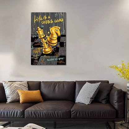 Office Wall Art - Black Gold Chess Picture LIFE IS A CHESS GAME Canvas Print Inspirational Wall Decor Motivational Poster Entrepreneur Artwork Modern Home Decoration, Ready to Hang 24 x 36 in Framed