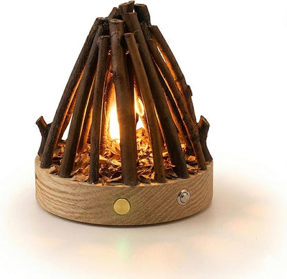 Rechargeable Campfire Night Light with Crackling Sound, Realistic Flame Lamp, 3 Modes, Timer, Portable Wireless Ambient Light for Bedroom Living Room (Natural Wood)