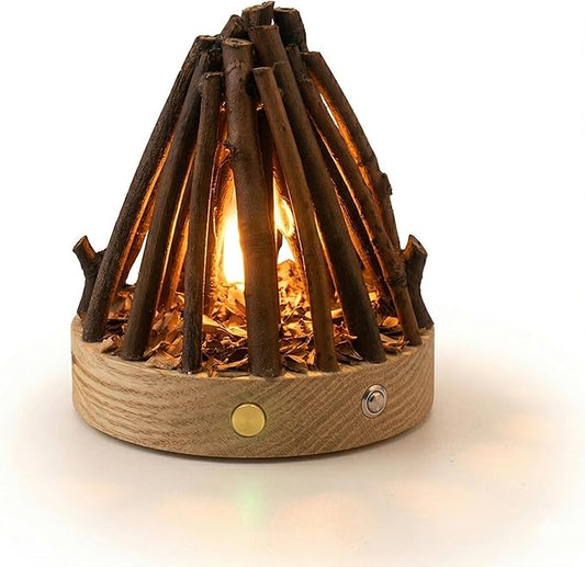 Rechargeable Campfire Night Light with Crackling Sound, Realistic Flame Lamp, 3 Modes, Timer, Portable Wireless Ambient Light for Bedroom Living Room (Natural Wood)