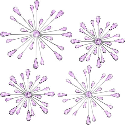 Hicarer 4 Pcs Starburst Wall Decor Bling Wall Art Crystal Teardrop 3D Hanging Rhinestone Radial Metal Artwork Modern Accent Sculptures Decorations for Living Room Home Office Bedroom(Purple)