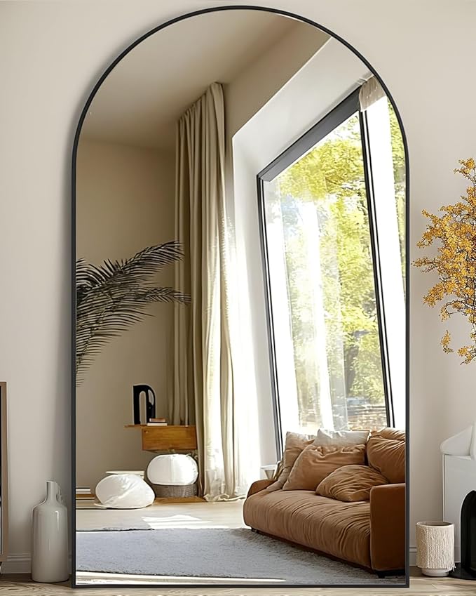 Antok Oversized Full Length Mirror with Stand, 88"x44" Arched Floor Mirror, Aluminum Frame, Wall Mounted/Leaning/Free Standing, Large Body Mirror for Bedroom Living Room Entryway Dressing Room,Black