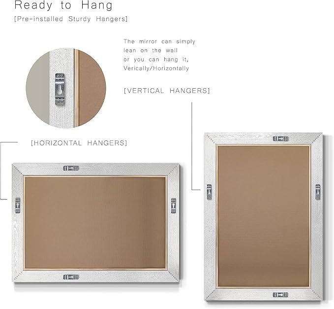 Renditions Gallery Rustic Rectangular Silver Wood Frame Vanity Body Mirror Verticle Or Horizontal Aesthetic Wall Mounted Mirror Decor for Bedroom Living Room Bathroom - 41"x29" LT07