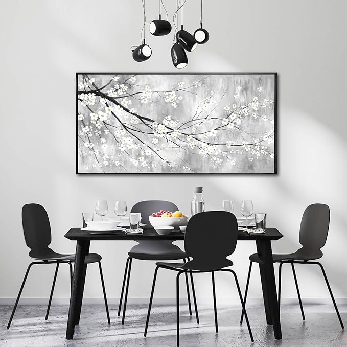 WINKAILIN White Black and Gold Plum Blossom Canvas Wall Art with Black Frame 24"x48" Floral Artwork Modern Botanical Wall Decor for Bedroom Living Room Office Kitchen