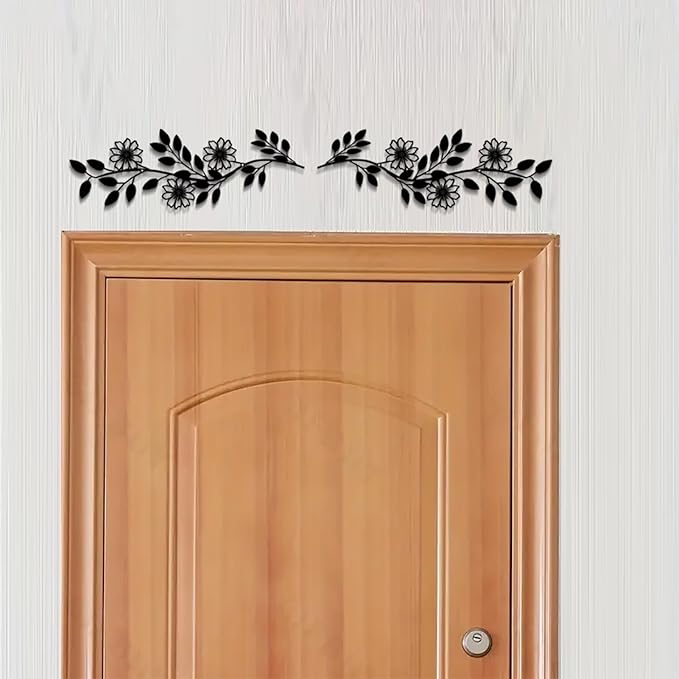 DUOOLN 2 Pcs Metal Tree Leaf Wall Decor, Long Iron Scroll Vine Wall Art Above, Rustic Hanging Sign, Line Flowers Sculpture For Above Door Living Room Office Indoor And Outdoor Decoration - Black